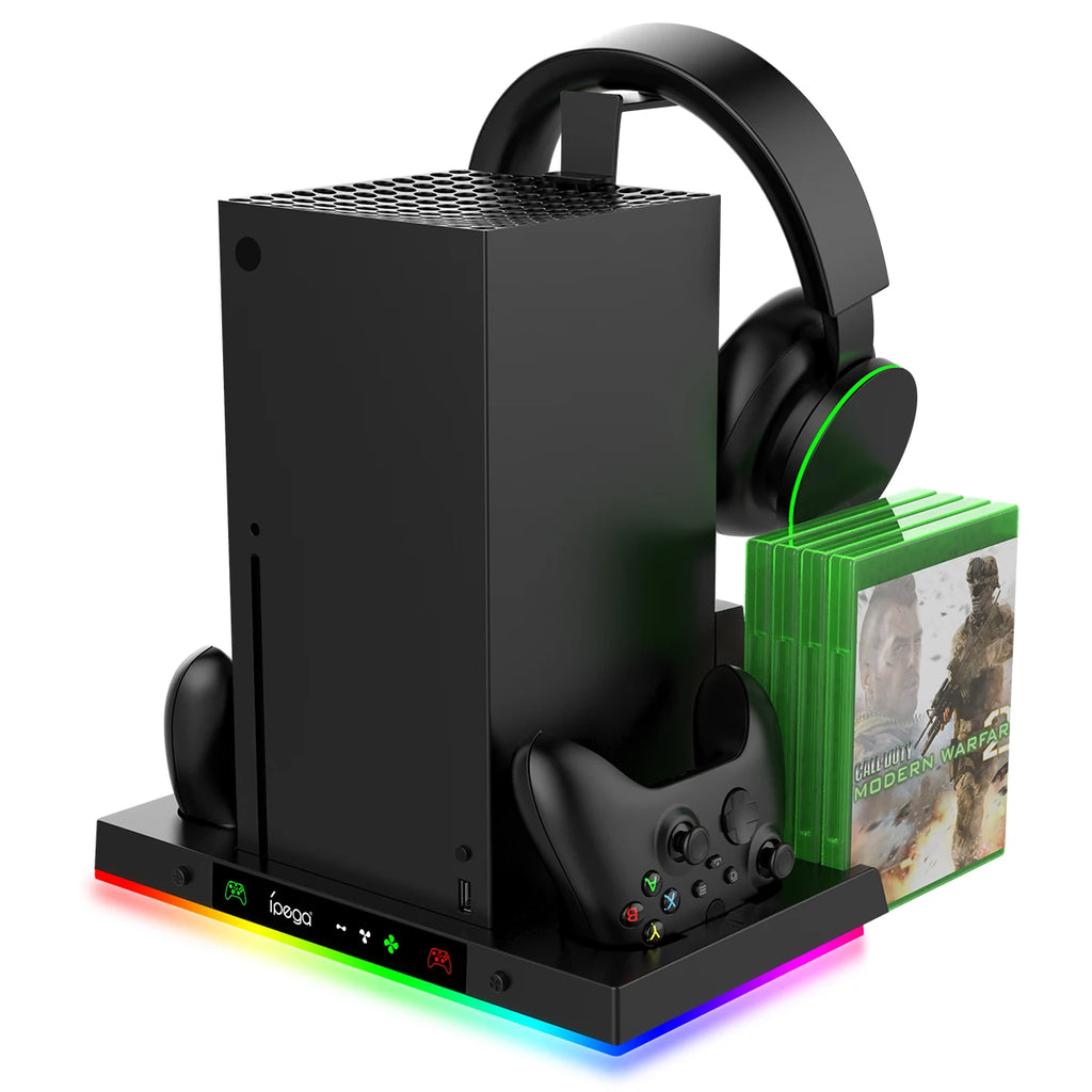 Lüfterständer und Ladestation für Xbox Series X-Konsole und -Controller mit 15RGB-Farblicht, Lagerung mit 3-stufigem Lüftersystem