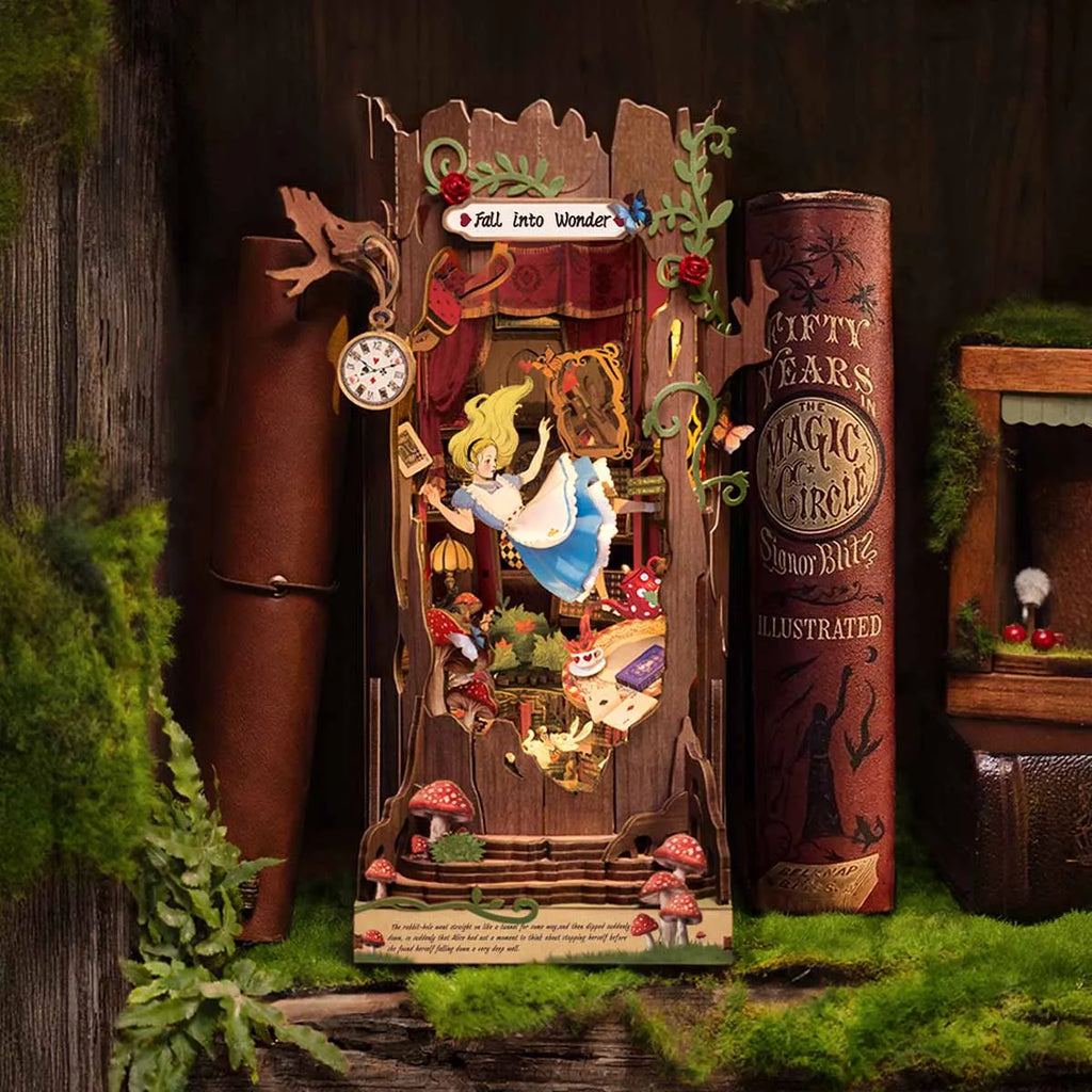 Robotime Rolife Enchanted Garden Book Nook Kit Whimsical Wooden Bookshelf Insert with Mashroom Tea Cup Decor