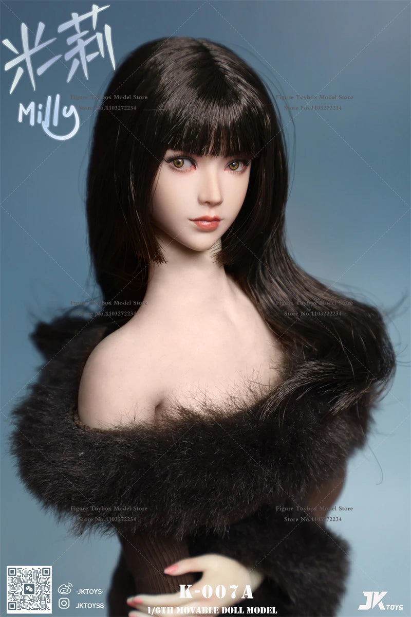 JKTOYS K007 1/6 Asiatisches Mädchen Milly Beauty Kopfskulptur mit beweglichen Augen, Modellspielzeug-Zubehör für 12" nahtlose Figurkörperdekorationen
