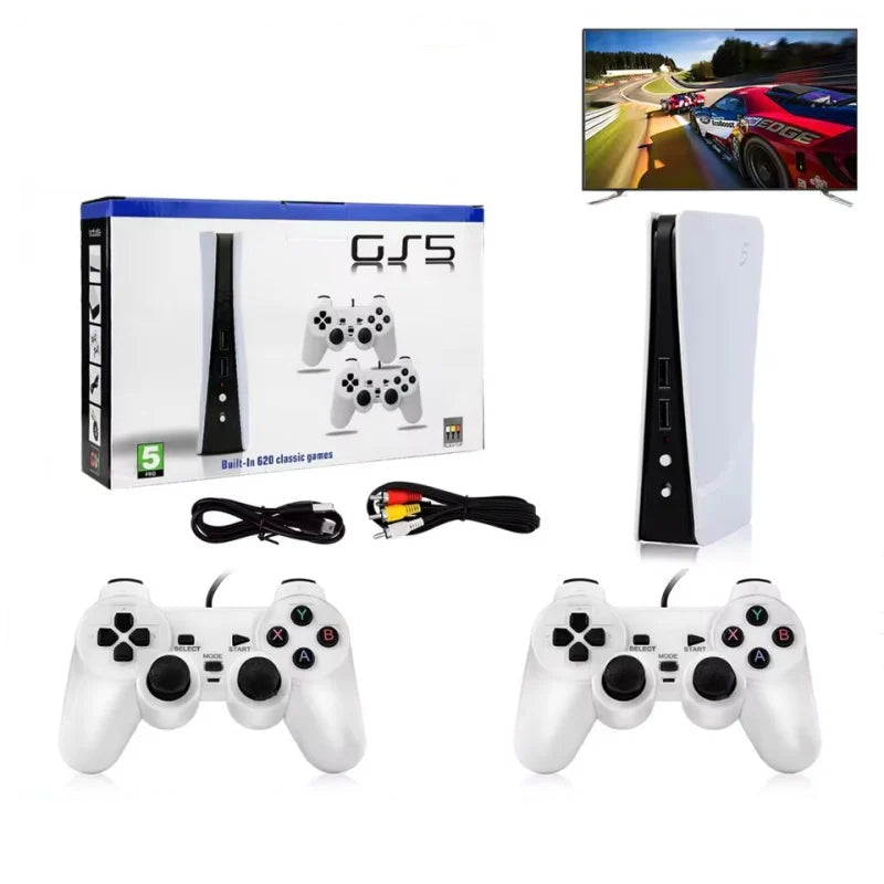 8-bit TV game console with controllers, packaging, and game screen displaying a racing game.