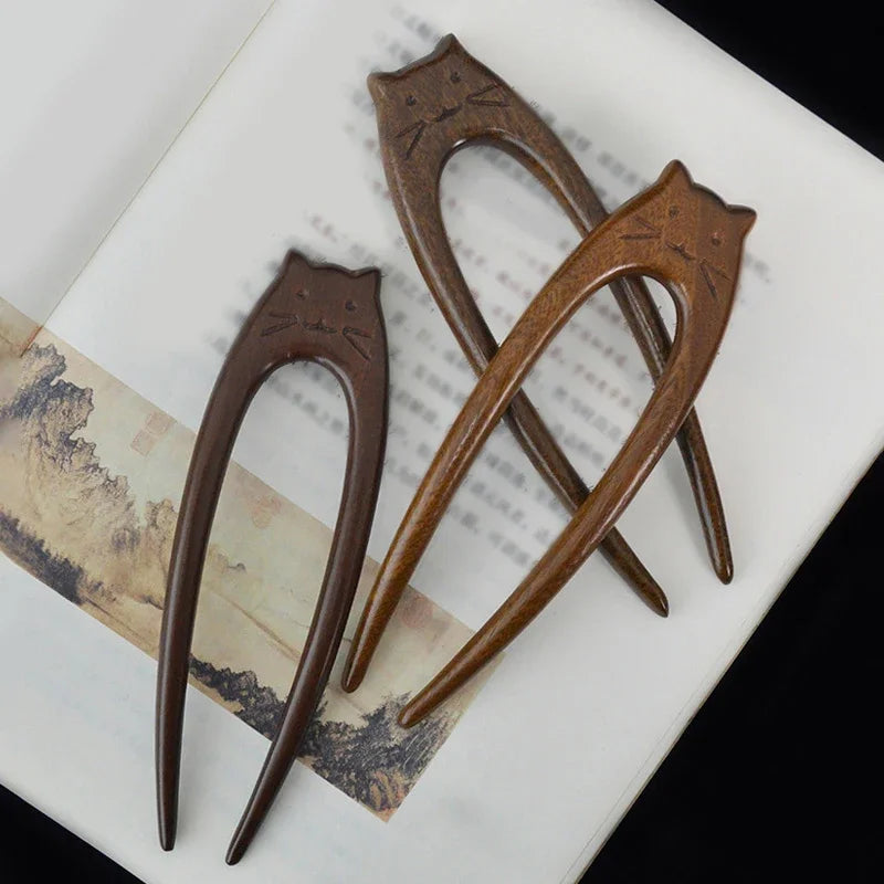 Chinese Cat Pattern Hair Sticks Wooden U Shaped Hair Forks for Women Girls Hanfu Hairpin Headwear Headpieces Hair Accessories