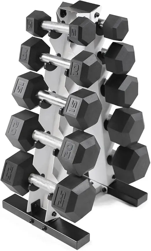 WF Athletic Supply 5 to 25 Pound Rubber-Coated Hex Dumbbell Set with Storage Rack for Muscle Toning and Strength Training