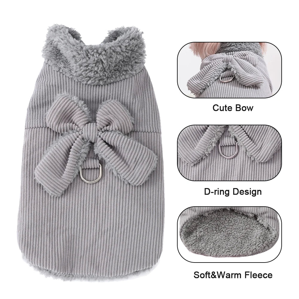 Fleece Dog Coat Winter Warm Pet Clothes For Small Medium Dogs Vest Jacket With Bow D-ring Puppy Costume Sweater Yorkie Apparel