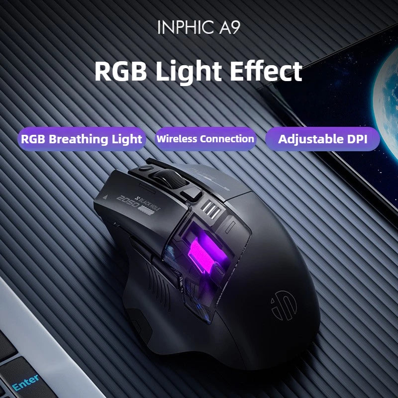A9 Безжична 2.4G Bluetooth мишка RGB светлинен ефект 12800DPI Регулируема ергономична преносима мишка с индикатор за батерията