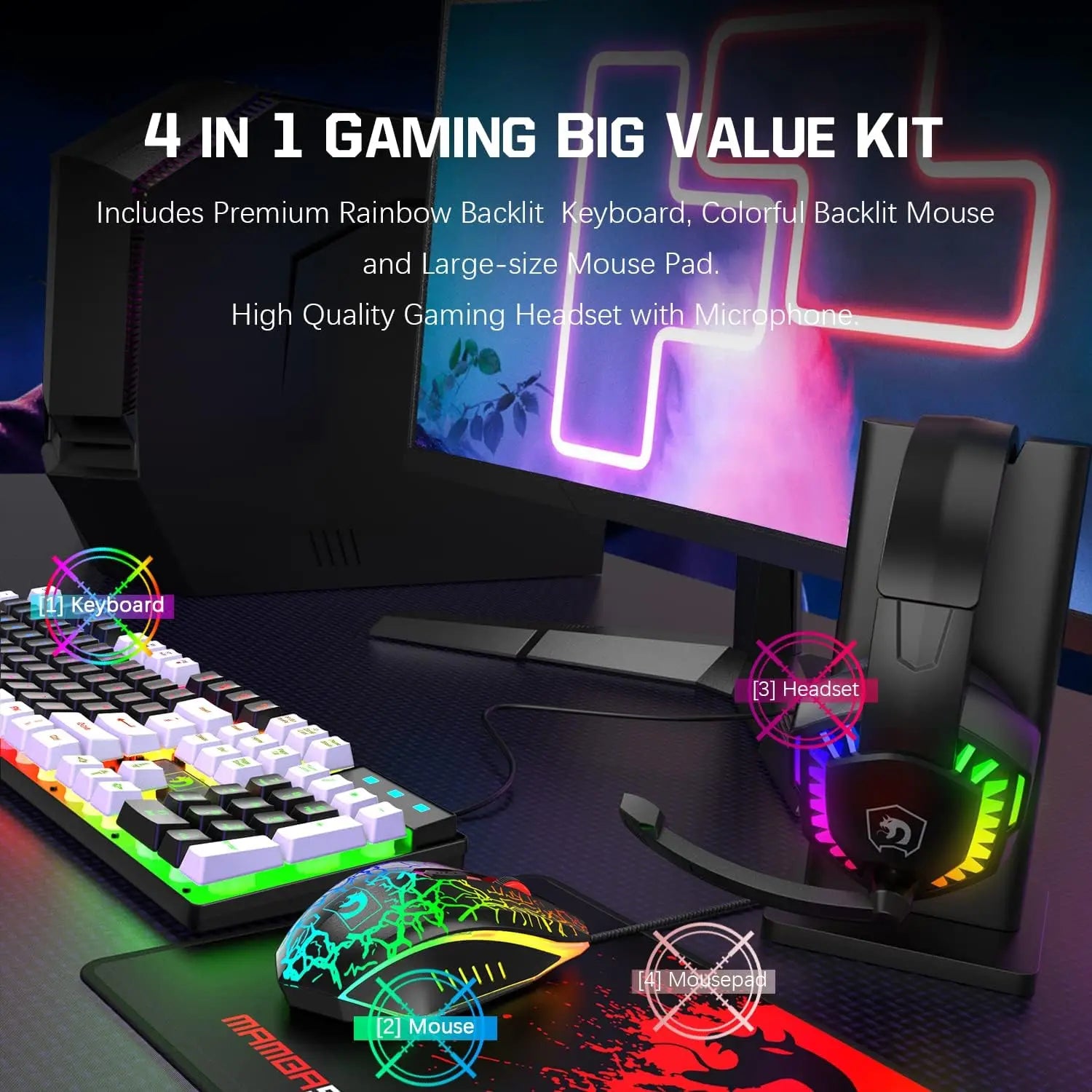 MANBASNAKE T11 Kabelgebundene Gaming-Tastatur und Maus-Headset-Kombination, Kabelgebundene Tastatur mit Regenbogen-LED-Hintergrundbeleuchtung