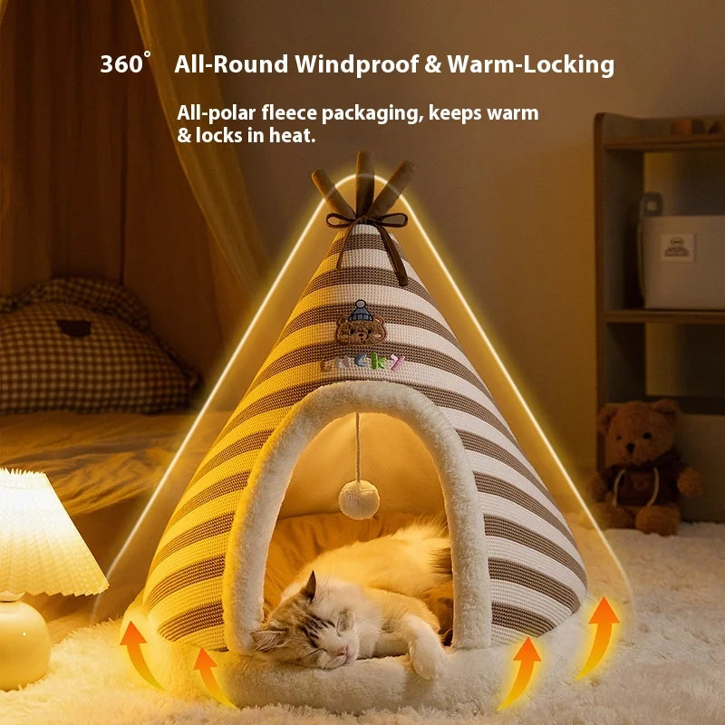 Cat Nest Autumn Winter Round Knitted Tent Nest Thickened Warm Mongolian Yurt Christmas Cat House Dog Bed Pet Supplies Puppy