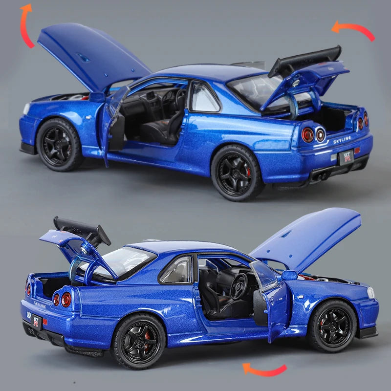 1:32 GTR R34 Skyline Street Car Version Supercar Die Casting Alloy Model Metal Car Sound Light Pull Back Mini GT Valentine's Day