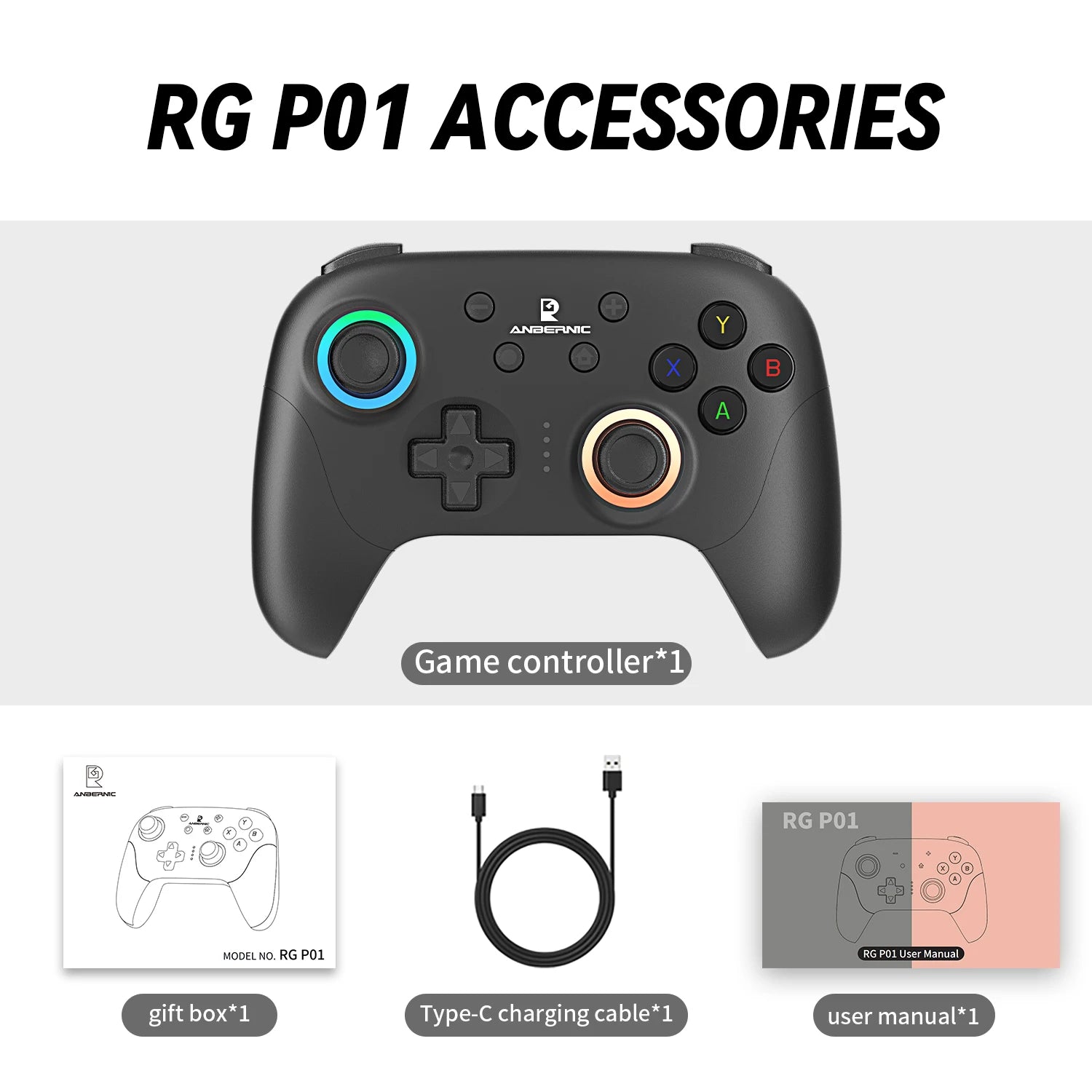 ANBERNIC RG P01 Retro Games Controller Bluetooth Wireless Wired Gamepad Hall Effect Joystick/Hall Triggers Joystick For PC Steam