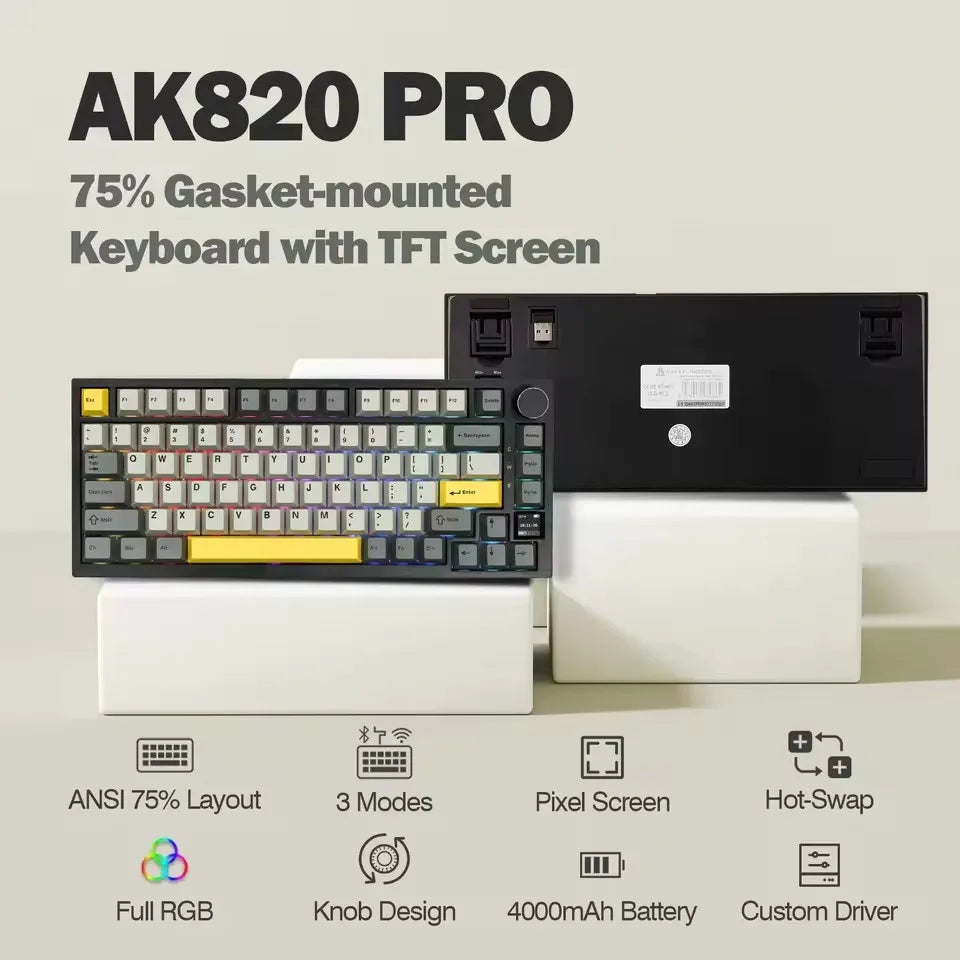 Ajazz AK820 Pro Gaming-Tastatur mit Magnetschalter, Dichtungsmontage, Bluetooth 5.1/2.4G Wireless/Typ-C, kabelgebunden, TFT-Bildschirm für Mac/Win