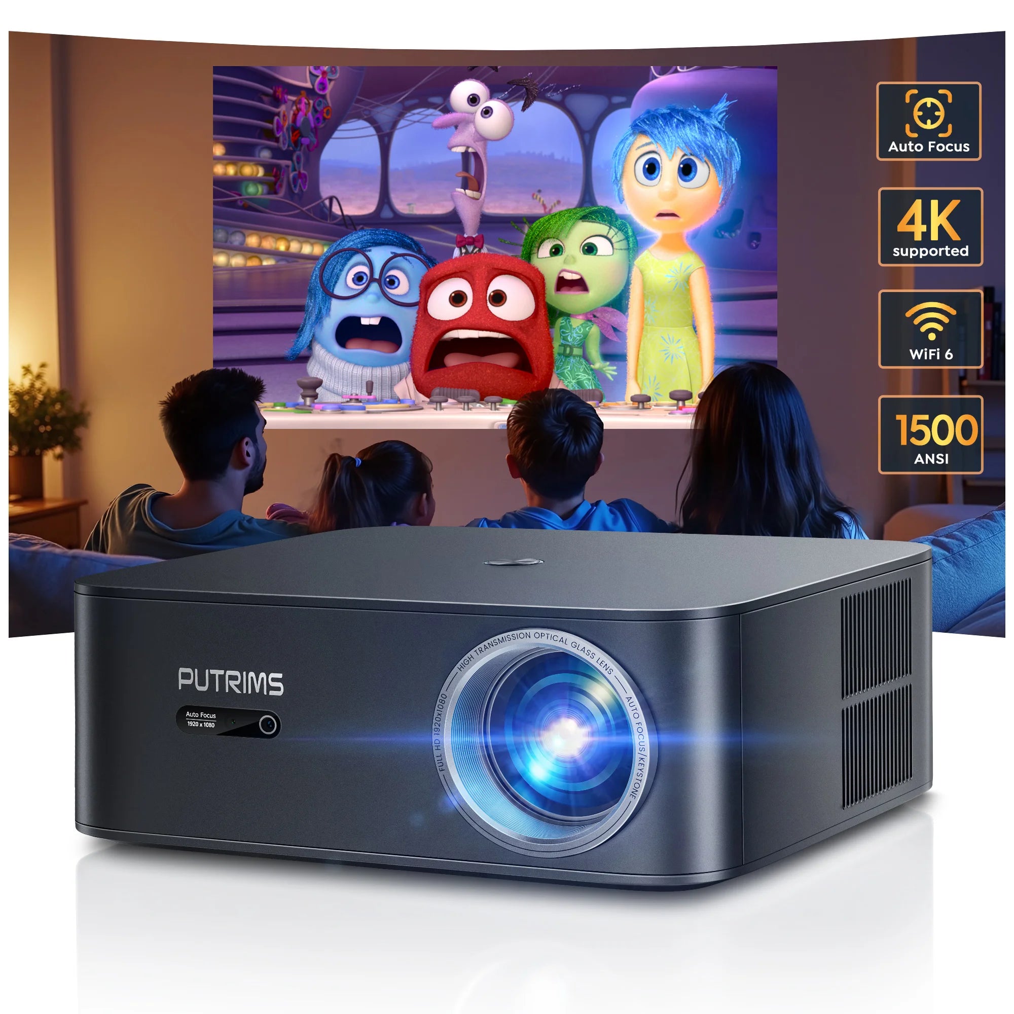 FHD 1080P-Projektor, Bluetooth-WLAN-Projektor, offiziell Netflix und AI-Autofokus, 1500 ANSI, 30000 Lumen, Autofokus, 4K-Unterstützung