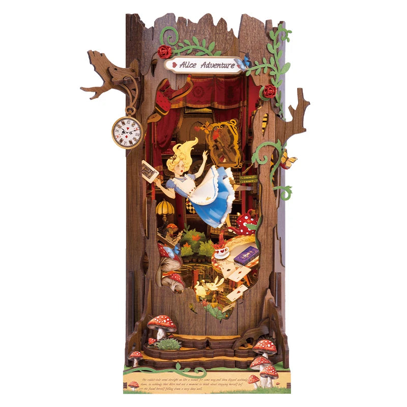 Robotime Rolife Enchanted Garden Book Nook Kit Whimsical Wooden Bookshelf Insert with Mashroom Tea Cup Decor
