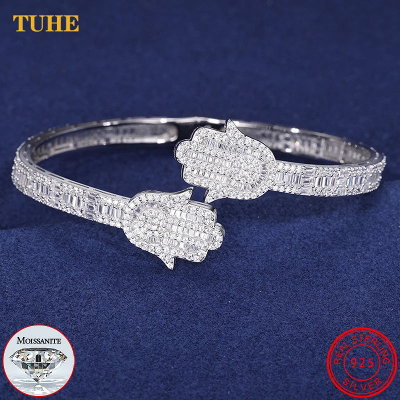 Iced Out Moissanite Hamsa Hand Opening Bracelet For Women Men 925 Sterling Silver Bangle Jewelry Luxury Gift Passed Diamond Test