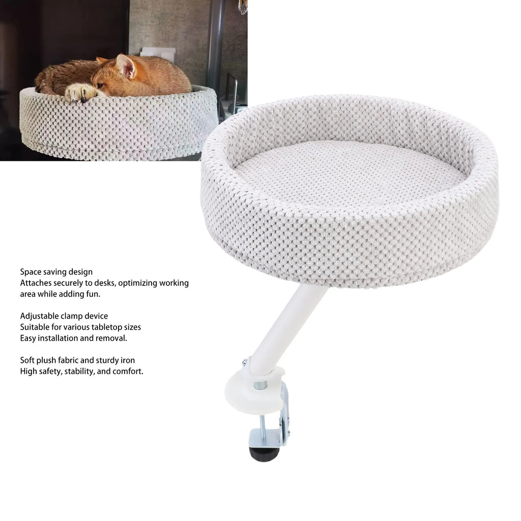 Cat Desk Bed Iron + Plush Stable Frame Adjustable Clamp Soft Plush Kitty Desk Nest Perch for Home Office