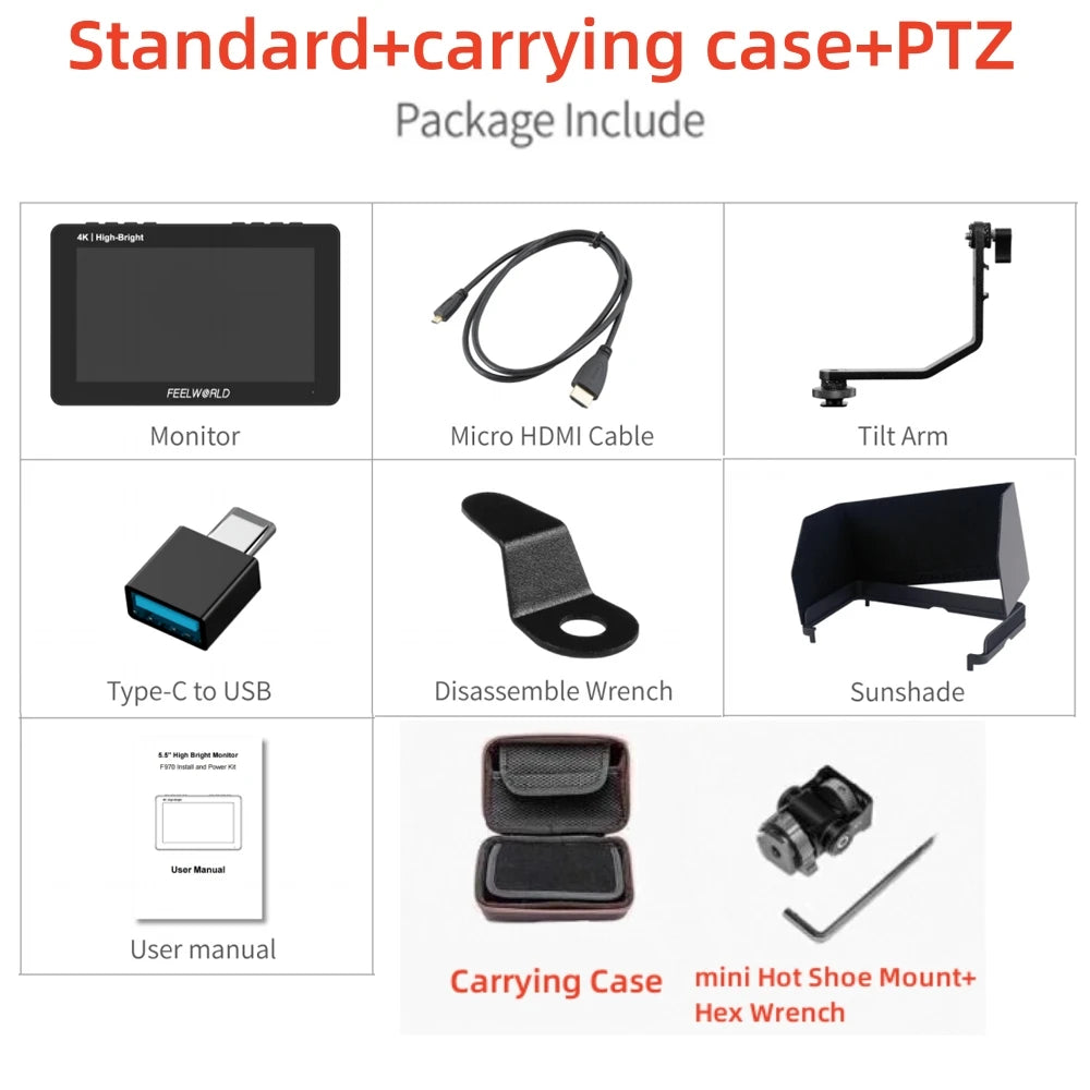FEELWORLD F5 PROX 5,5 Zoll 1600nit High Bright Touchscreen DSLR-Kamera-Feldmonitor 4K HDMI F970 Installations- und Stromversorgungskit