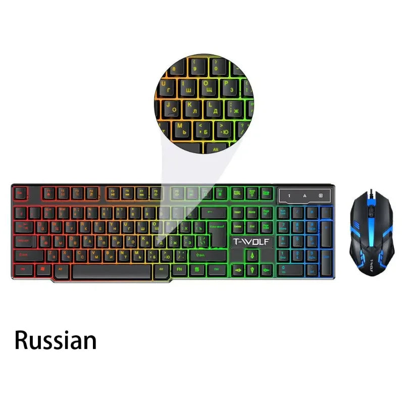 TF200 Wired Keyboard Mouse Combos 104 Keys RGB Blacklight Multi-function USB Gaming Keyboard English Russian for Game Office