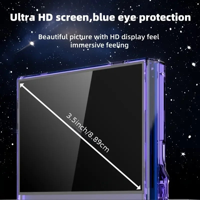 Retro handheld game console. 3.5-inch screen, portable pocket game console with headphone jack, USB charging.
