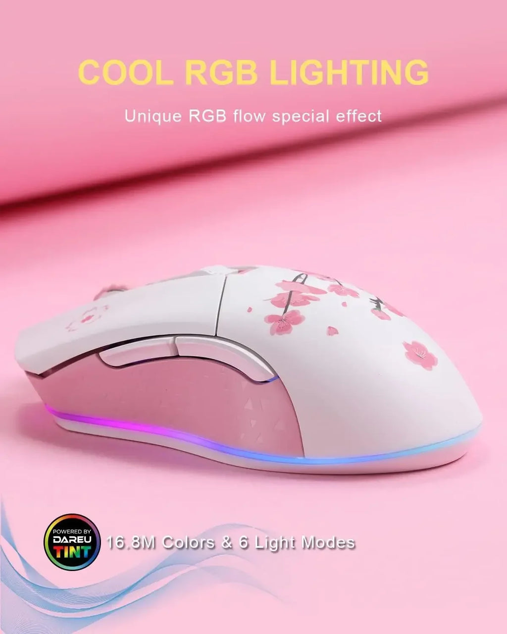 DAREU Sakura Pink Wireless Wired Gaming Mouse Dual-Mode Rechargeable 7 Buttons DPI RGB and 7 Adjustable DPI for PC Notebook Mac