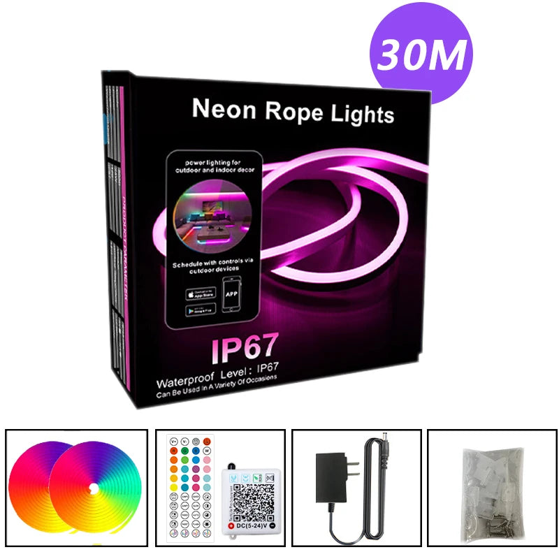 DC24V RGB LED Neon Rope Lights Color Change Music Sync App Control 10M 20M 30M Waterproof Flexible Lamp for Home Decor