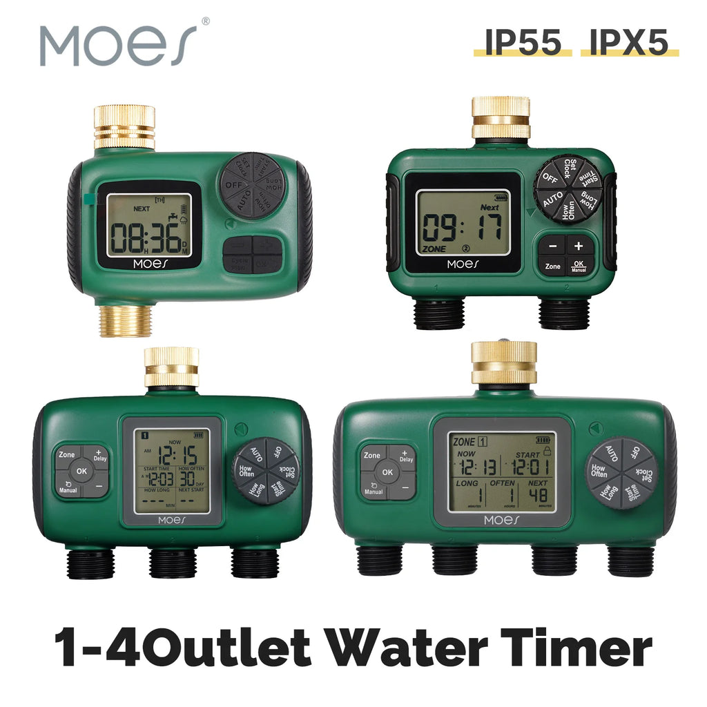 MOES Wassertimer 1-4Outlet Messingeinlass Drehknopf-Tastensteuerung mit LCD-Bildschirm Regenverzögerung Kindersicherung Gartensprinkler
