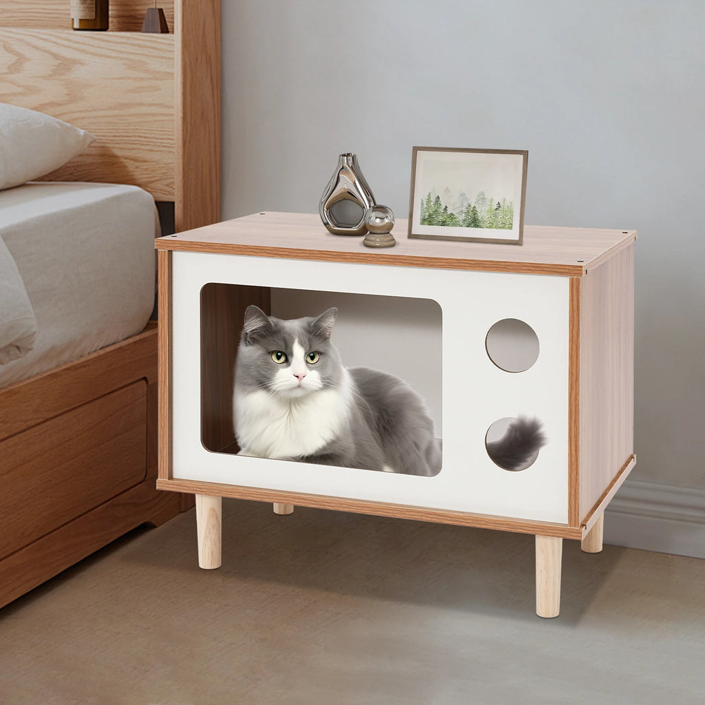 Cat House Wooden TV-Shaped Cat Bed 165.35lbs Load-Capacity Wear-Resistant Odorless 50*29*40cm Cat Condo for Small Pet