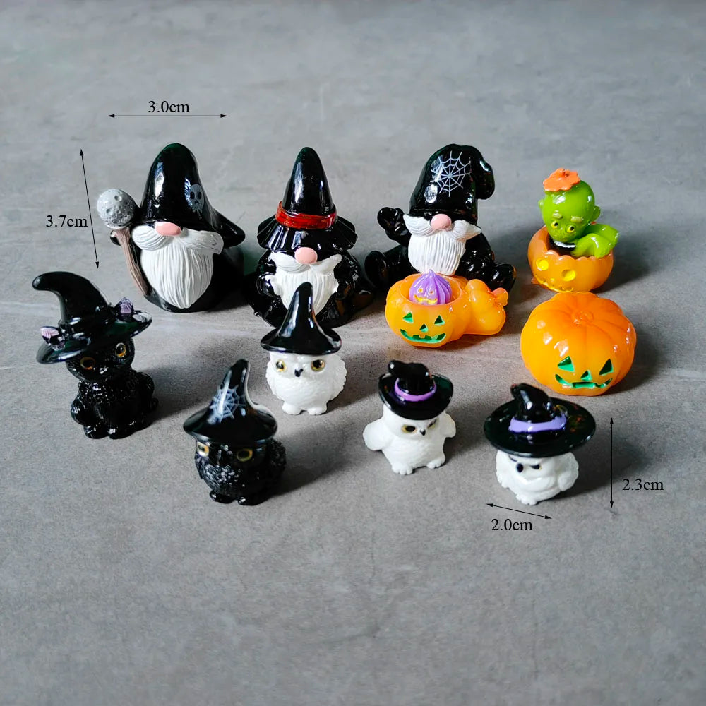 10 Stück Mini-Geist-Teufel-Zauberer, Festi-Kürbis-Schädel, Halloween-Dekoration, Kunstharz, Basteln, Miniaturfigur, winzig, für Feengarten-Dekor