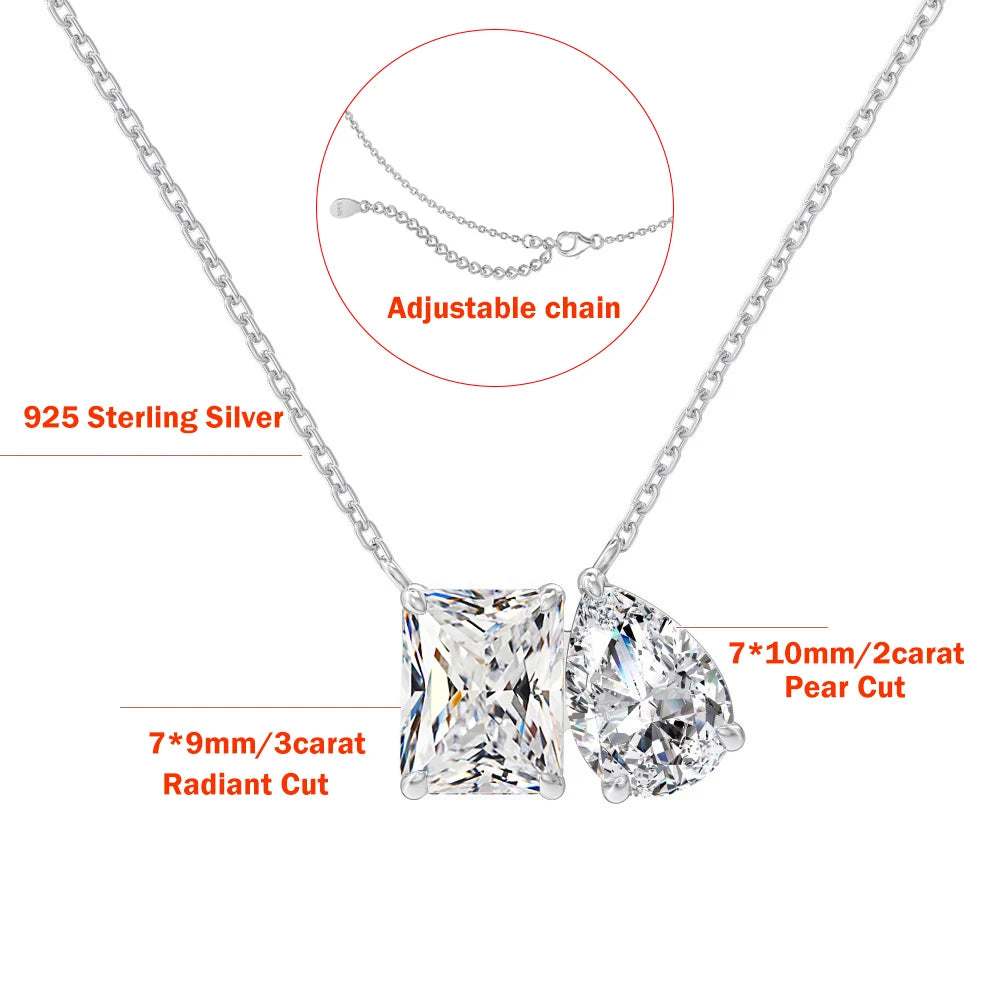 5 Karat Radiant/Smaragd-Moissanit-Diamant-Anhänger-Halskette für Damen, zertifiziertes 925er Silber, 2-Stein-Schlüsselbein-Halskette