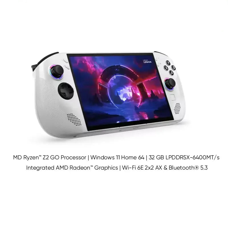 Lenovo Legion Go S gaming device with screen displaying colorful graphics on a white background, featuring SuperGLX Store branding.