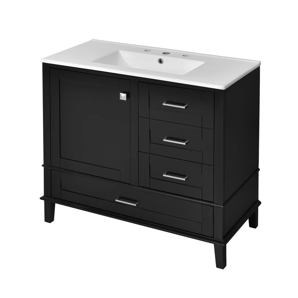 36" Black Bathroom Vanity with Solid Pine Frame, 1 Soft Close Door and 3 Drawers , Modern Storage Cabinet