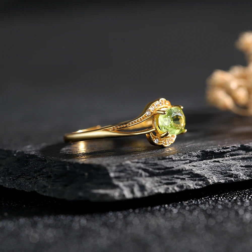 Natural Peridot 925 Silver Ring K Gold Plated Twisted Adjustable Bands Birthstone Healing Crystal Jewelry Boho Gift