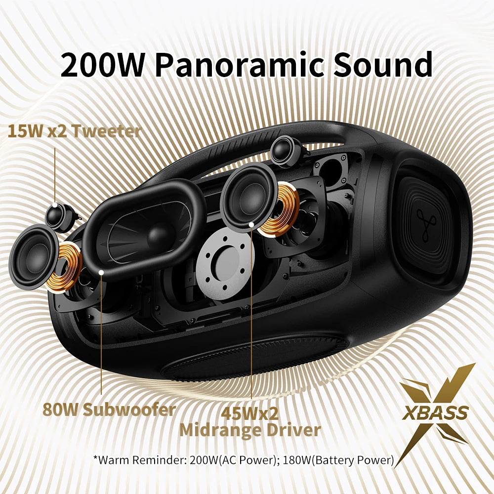 TRIBIT StormBox Blast 2 Bluetooth високоговорител, 200W мощност със субуфер, външен, IP67 парти високоговорител, 30 часа време на възпроизвеждане, LED, микрофонен вход