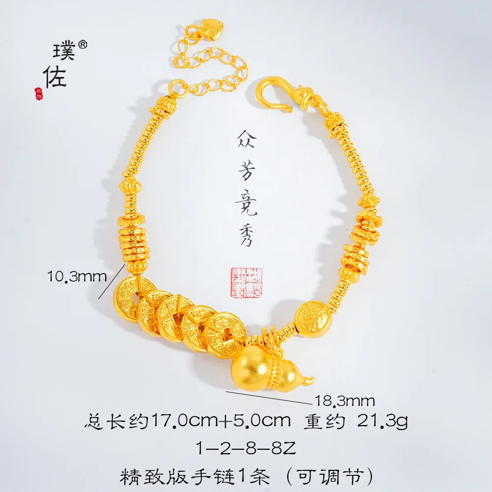 24 Karat AU999 Goldarmband im chinesischen Stil für Damen – Fünf-Kaiser-Münzen, Kürbis-Spiralmuster, klassisch und modisch