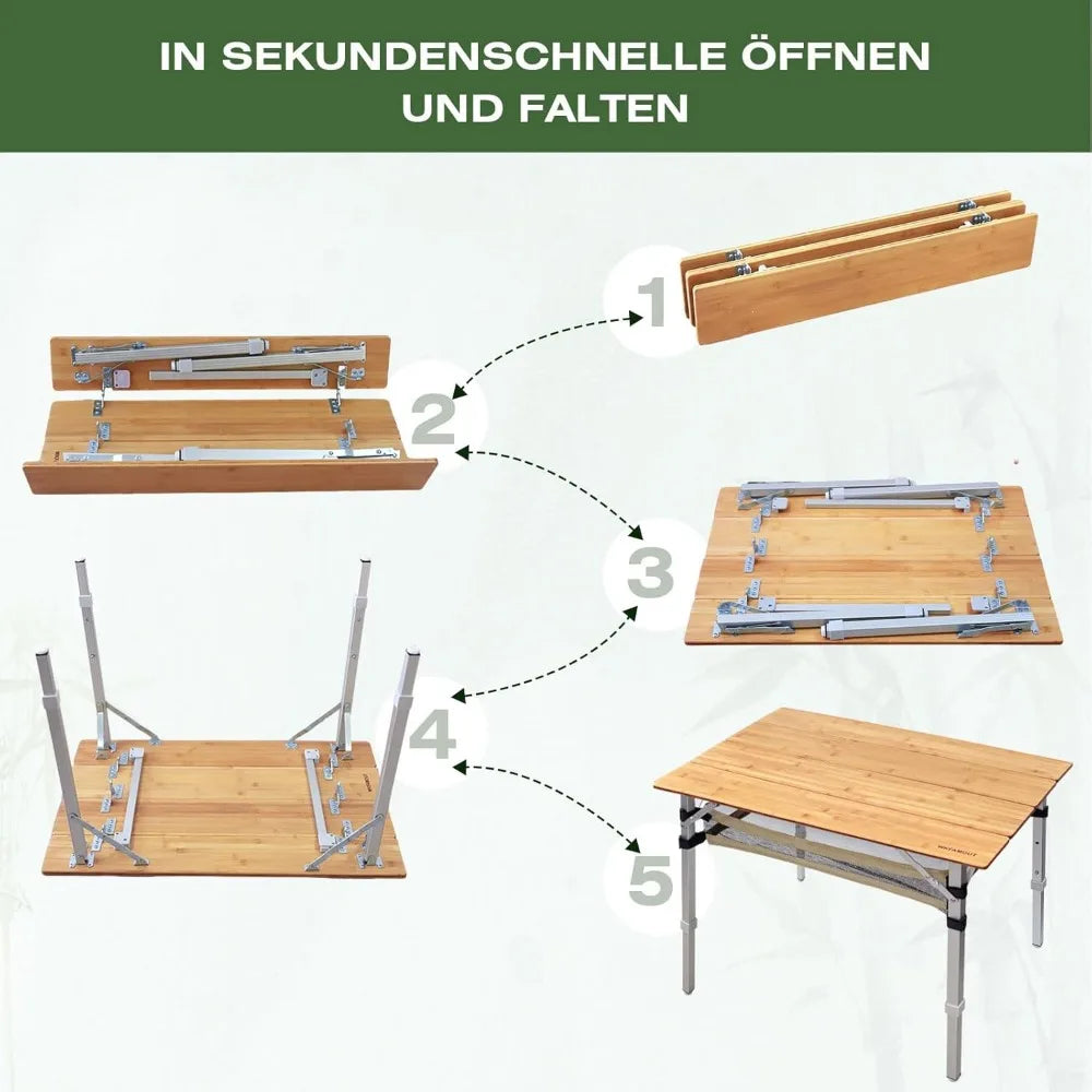Bamboo Folding Camping Table 4 Folds with Adjustable Aluminum Legs Portable Picnic Table with Storage and Carry Bag for Outdoor