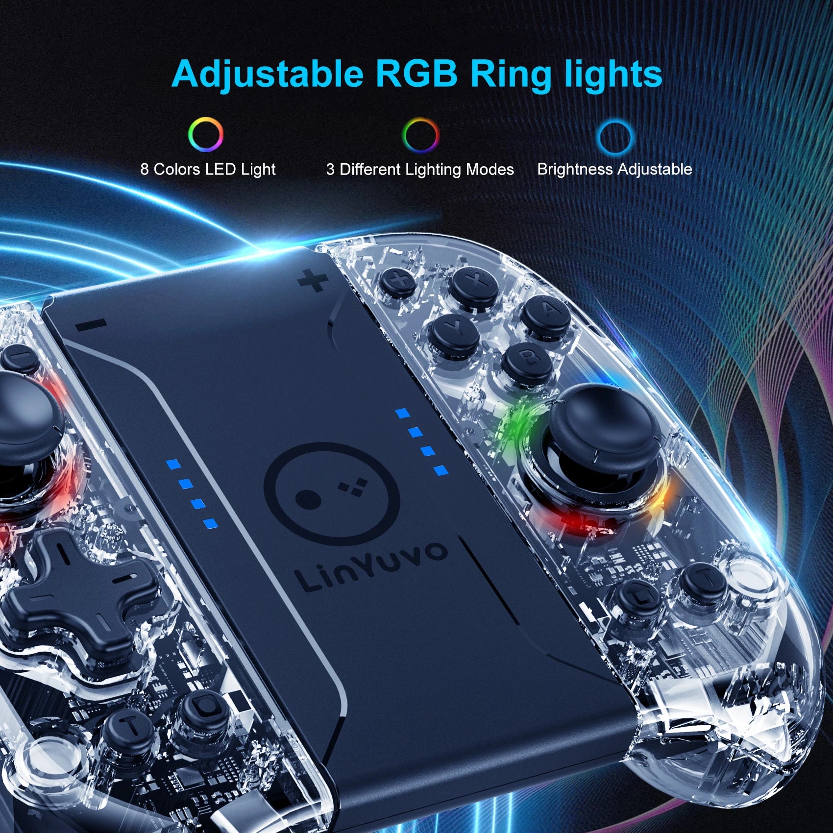 LinYuvo 8 LED Color Replacement Joypad Wireless Controller for Switch&OLED,with Turbo/Vibration/6-Axis Gyro/Wake-up FunctionKS58