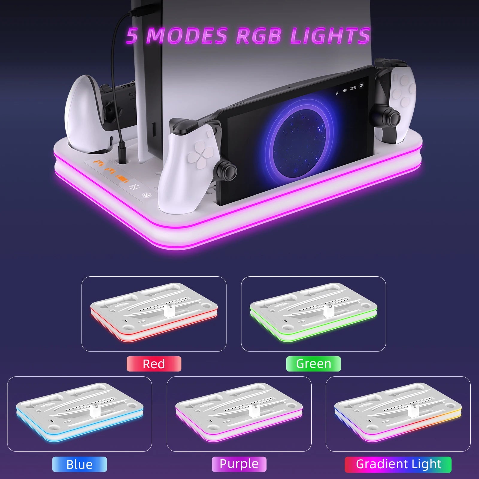 STORM WYRM For PS5 Slim/Pro Console Multi-function Cooling Storage Stand with Headset Hanging Rack,RGB Colorful Light JYS-P5225