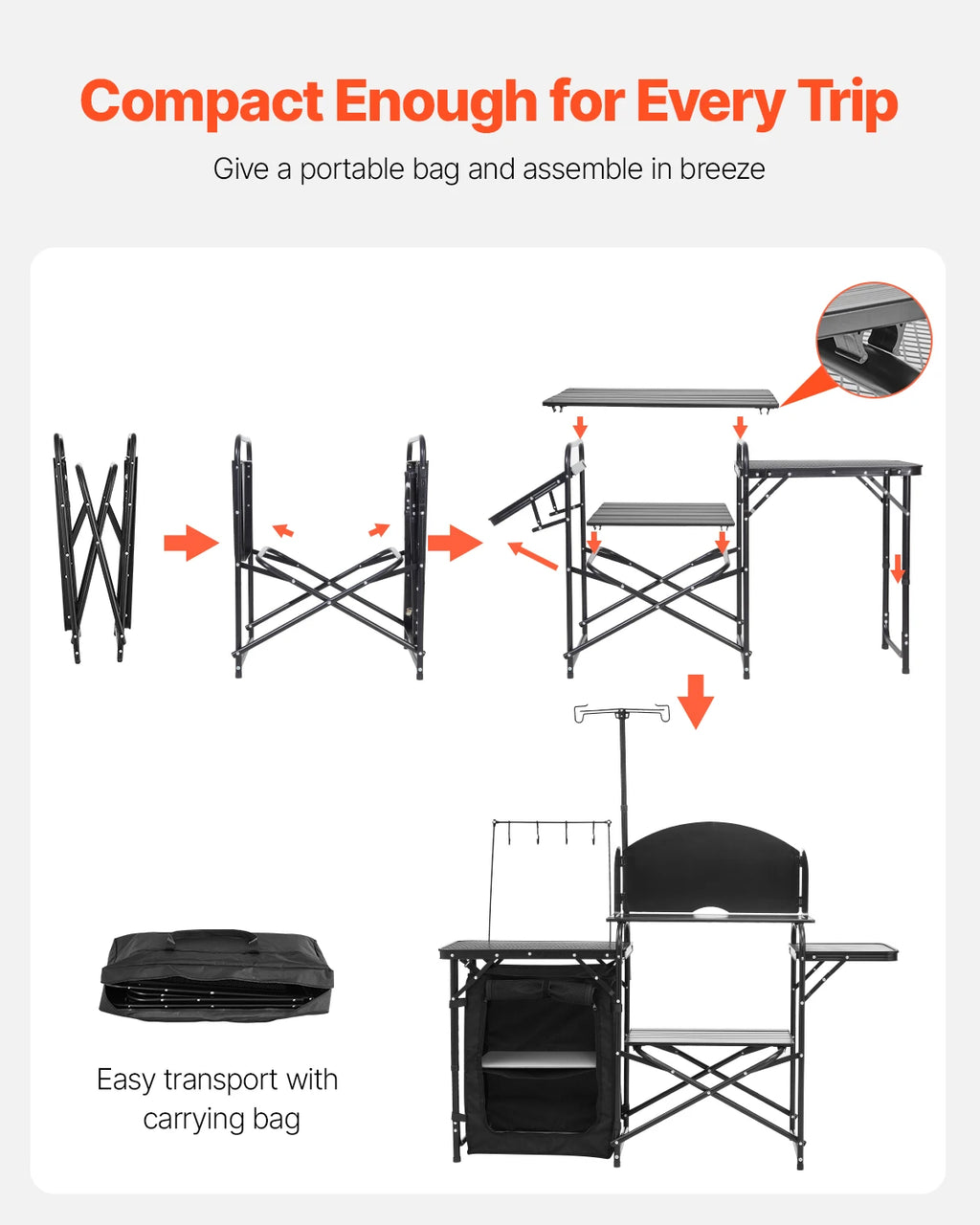 VEVOR Outdoor-Camping-Kochtisch, tragbare Kochstation aus Aluminium mit Aufbewahrungsschrank, Tragetasche, abnehmbarer Windschutzscheibe