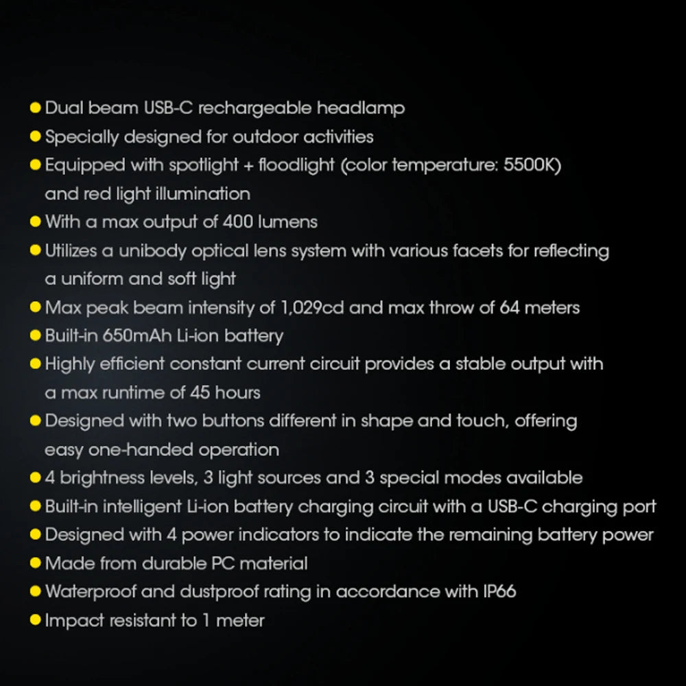 Челник Nitecore NU25 400 лумена USB-C, презареждащ се, лек, с двоен лъч и червено осветление, за туризъм, катерене, къмпинг