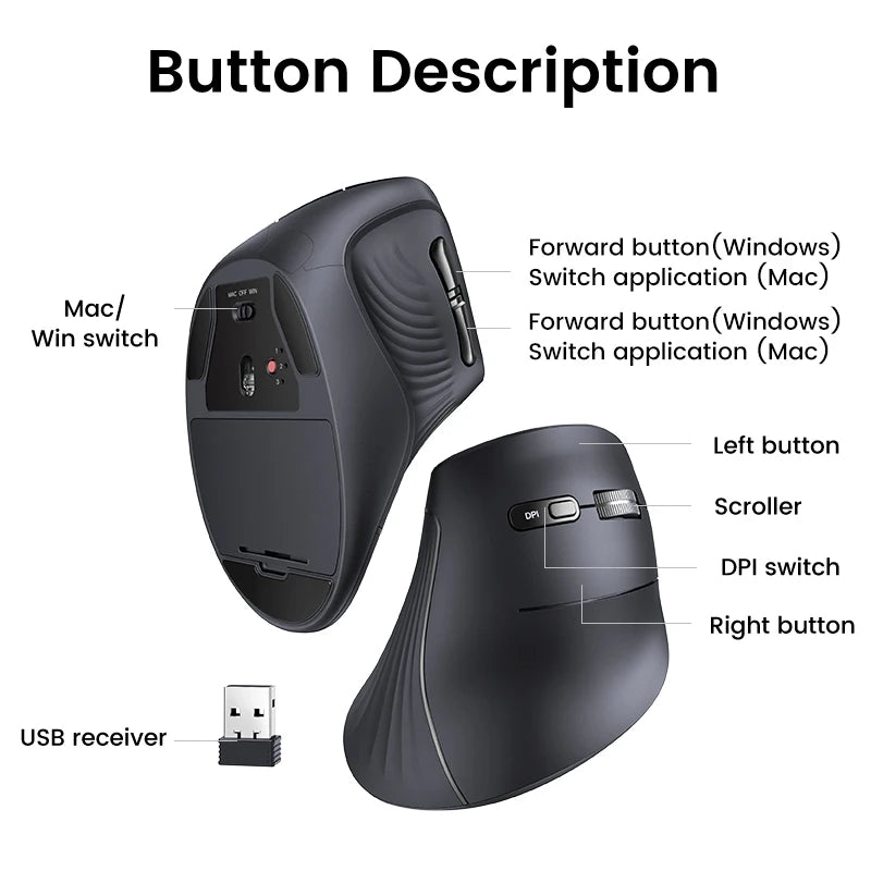 UGREEN Vertikale Maus Kabellos Bluetooth5.0 2.4G Ergonomisch 4000DPI 6 Stummschalttasten für MacBook Tablet Laptops Computer PC Mäuse