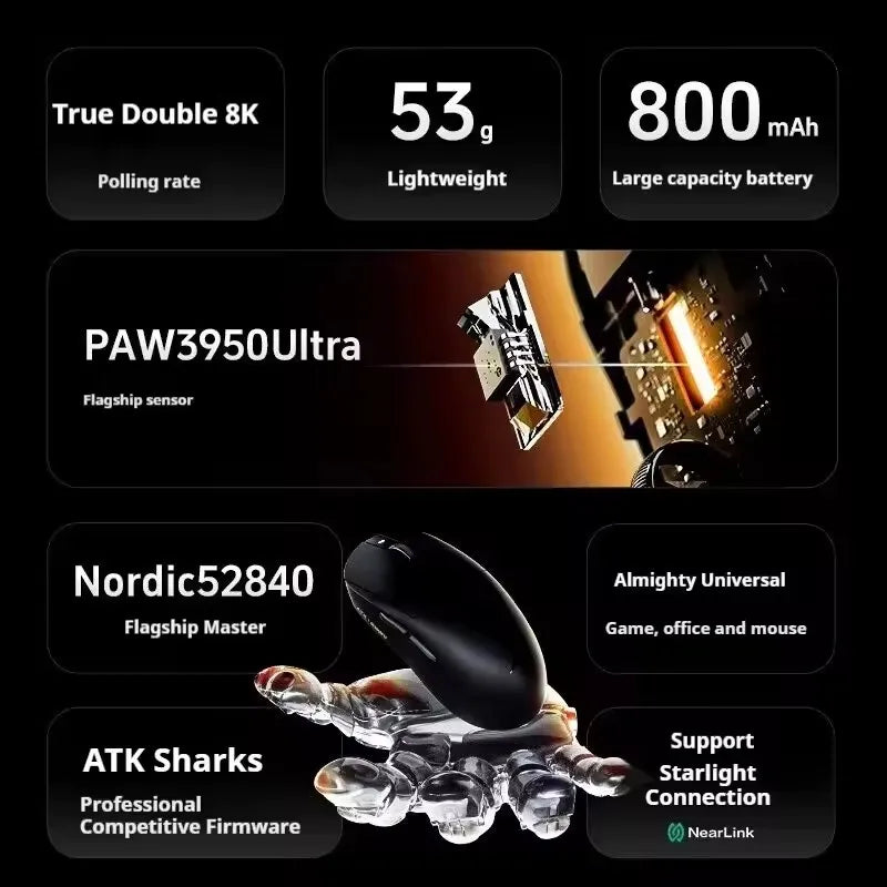 ATK Dragonfly A9 Series Wireless Mouse Tri Mode PAW3950 Nordic52840 8K 53g Lightweight Custom Laptop Gamer PC Gaming Mouse