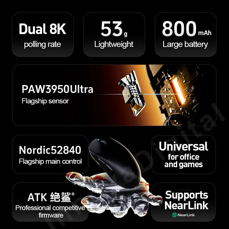 ATK Dragonfly A9 Ultra Безжична Геймърска Мишка за Е-Спортове Ултралека Трирежимна Двойна 8K Ергономична Мишка A9 Plus PAW3395/3950