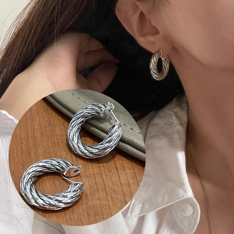 VENTFILLE 925 Sterling Silver Chunky Hoop Earrings for Women Geometric Circle Punk Ear Jewelry Party Gifts 2023 New Dropshipping