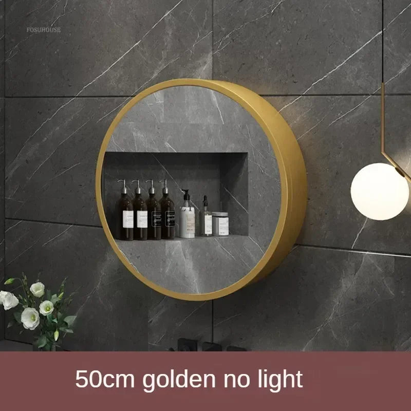Nordic LED Smart Bathroom Mirror Cabinets Solid Wood Oval Bathroom Wall Hanging Round Vanity Mirrors with Storage Shelf b