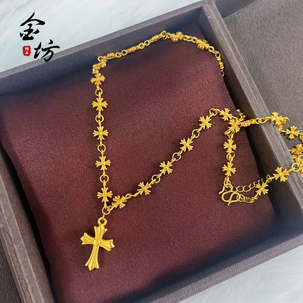 Fashion 9999 24K real gold retro ethnic style golden Crow cross necklace light luxury versatile jewelry for women