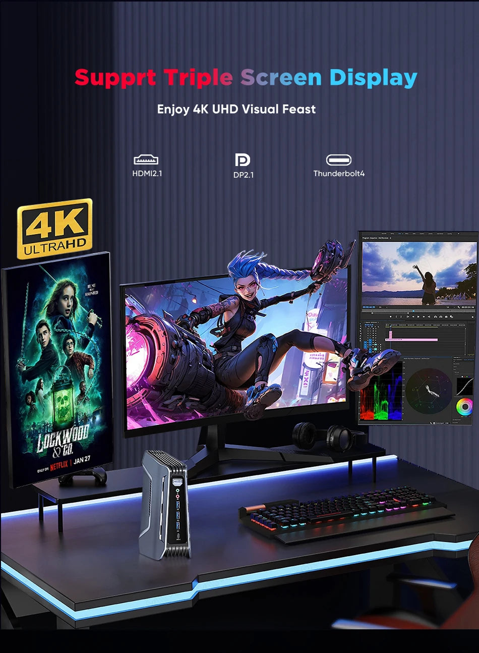 Kingnovy F12 RGB Gamer Mini-PC 14. Intel Ultra 9 285H 7 255H Thunderbolt4 2xDDR5 2xPCIe 2x2,5G LAN Windows 11 KI-Computer WiFi6
