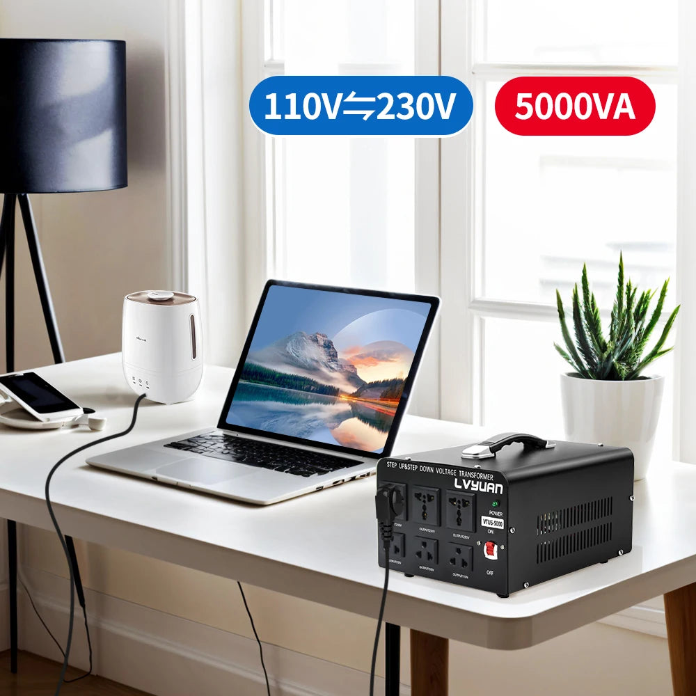 LVYUAN Spannungswandler-Transformator, 500 VA – 5000 VA, Hochleistungs-Aufwärts-/Abwärtstransformator mit US- und EU-Steckdose, 5 V, USB-Anschluss, CE-zertifiziert