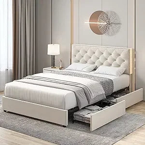 HOSTACK Full Size Bed Frame with 4 Storage Drawers, Modern Upholstered Platform Bed with Adjustable Headboard,Button Tufted Bed