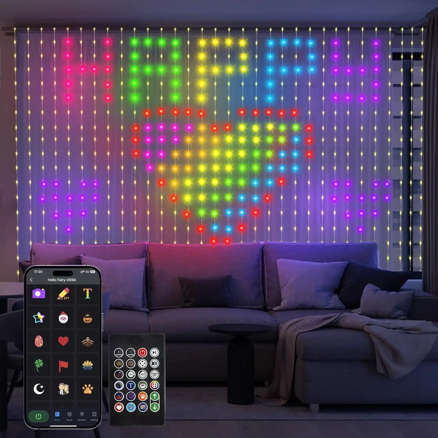 LED Decoration RGB curtain Smart Lights App Controlled String Fairy Lights DIY Pattern and Text Programmable Music Sync Reote
