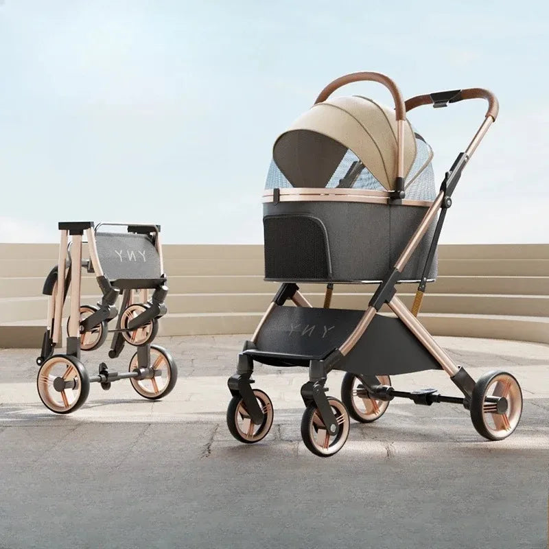 Abnehmbarer Haustier-Kinderwagen, ultraleicht, tragbar, für den Außenbereich, für Katzen und Hunde, Rahmen aus Aluminiumlegierung, Stoßdämpfer mit vier Rädern