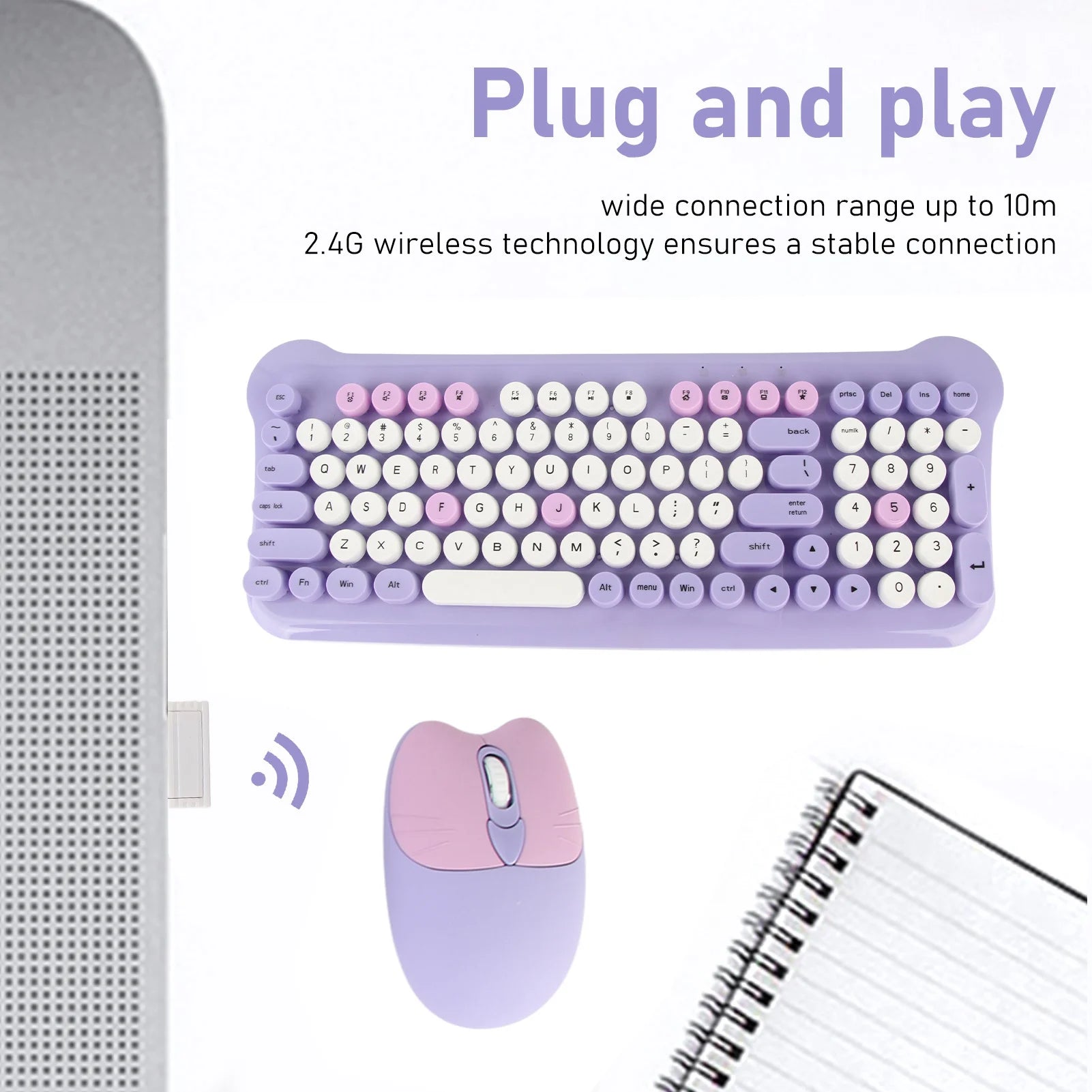 Colorful Keyboard and Mouse Plug and Play Wireless Keyboard and Mouse Set Responsive with Round Keycaps for Laptops PC Desktops