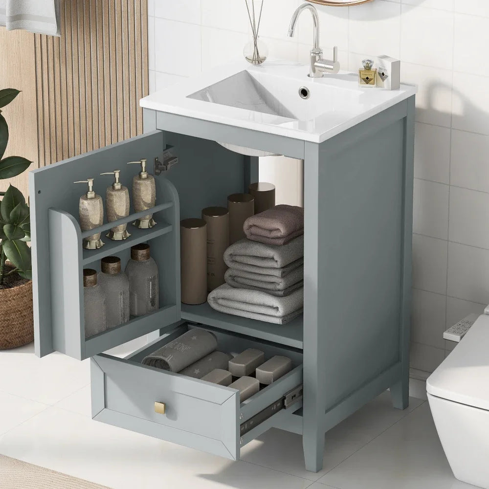 20" Bathroom Vanity with Sink, Bathroom Cabinet with Soft Closing Door, Storage Rack and A Drawer, Grey