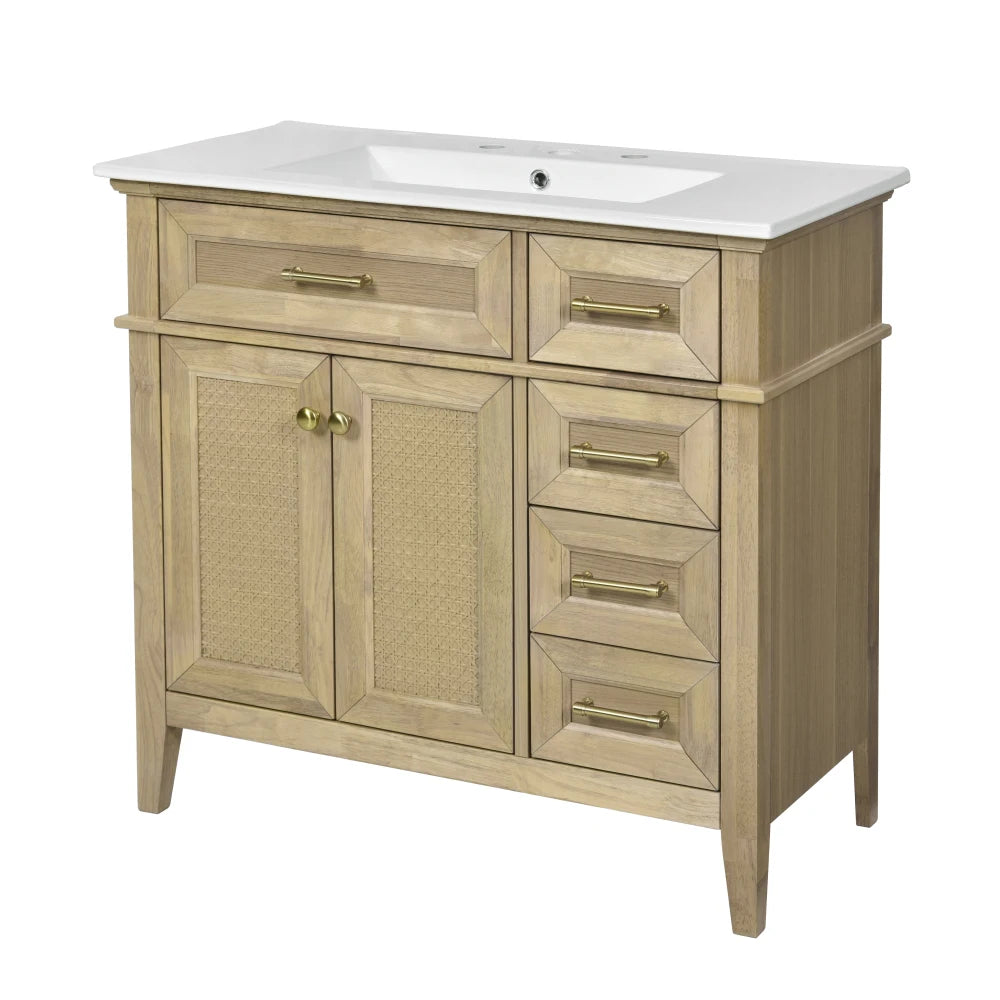 36" Bathroom Vanity with Ceramic Sink, Rubberwood Frame, 2 Soft Close Doors, 1 Flip-Down Drawer, 1 Shallow Drawer, 1 Deep Drawer